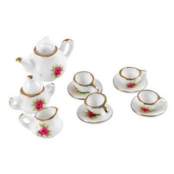 Porcelain Tea Set Decorations, Violet, Size: Saucer: about 16mm in diameter, 3mm thick, Teapot: about 12~23mm long, 19~30mm wide, 14~19mm thick, Teacup: about 7mm long, 14mm wide, 10mm thick