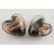 Handmade Gold Sand Lampwork Beads, Heart, Black, Size: about 12mm wide, 12mm long, hole: 1.5mm(SLG12mm22Y)