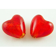 Handmade Silver Foil Glass Beads, Heart, Red, about 15mm wide, 15mm long, hole: 1~2mm(SLH15MM01Y)