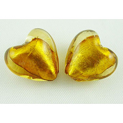 Handmade Silver Foil Glass Beads, Heart, Goldenrod, about 12mm in diameter, 8mm thick, hole: 1~2mm(SLH12MM19Y)