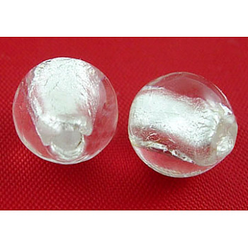 Handmade Silver Foil Glass Beads, Round, White, about 10mm in diameter, hole: 1.5~2mm