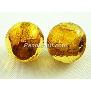 Handmade Silver Foil Glass Beads, Round, Gold, about 8mm in diameter, hole: 1.5mm
