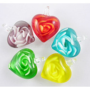 Ideas for Valentines Day for Her Romantic Handmade Lampwork Pendants, Inner Flower, Heart, Mixed Color, about 18mm wide, 25mm long, Hole: 6mm(D068MY)