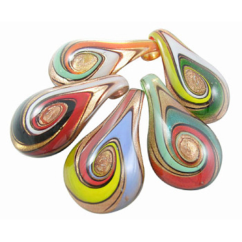 Handmade Lampwork Glass Pendants, with Gold Sand, teardrop, Mixed Color, 32mm wide, 55mm long, hole: 7mm