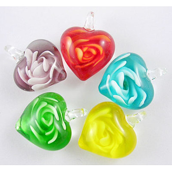 Ideas for Valentines Day for Her Romantic Handmade Lampwork Pendants, Inner Flower, Heart, Mixed Color, about 18mm wide, 25mm long, Hole: 6mm