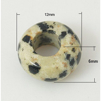 Gemstone European Beads, Natural Dalmatian Jasper, Large Hole Beads, Rondelle, Beige/Black, 12x6mm, Hole: 5mm