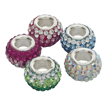 Austrian Crystal European Beads, Large Hole Beads, Single Sterling Silver Core, Rondelle, Mixed Color, about 7mm in diameter, 5.5mm thick, hole: 3mm