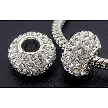 Austrian Crystal European Beads, Large Hole Beads, Sterling Silver Core, Rondelle, 001_Crystal,  about 11mm in diameter, 7.5mm thick, hole: 4.5mm