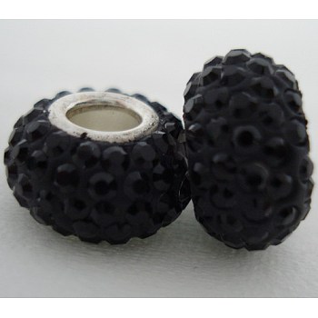 Austrian Crystal European Beads, Large Hole Beads, Sterling Silver Core, Rondelle, 280_Jet,  about 11mm in diameter, 7.5mm thick, hole: 4.5mm