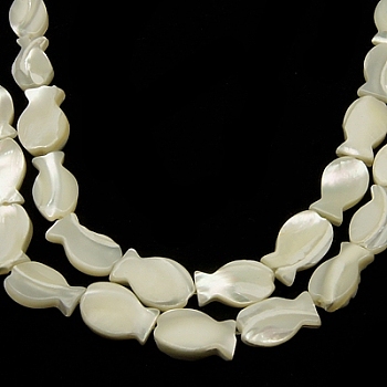 Natural White Shell Beads Strands, Mother of Pearl Shell Beads, Fish, White, 16~17x10x3mm, Hole: 1mm, about 24 pcs/strand, 16 inch/strand