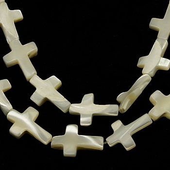 Natural Sea Shell Beads Strands, Cross, White, 17~19x13~15x4mm, Hole: 1mm, about 21~23pcs/strand, 16 inch/strand