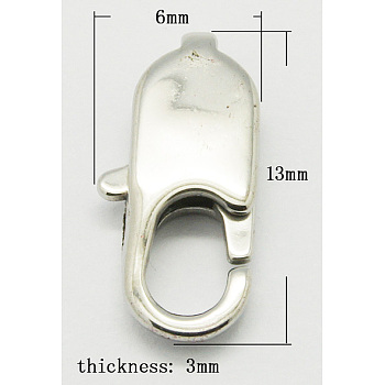 304 Stainless Steel Lobster Claw Clasps, Size: about 13mm long, 6mm wide, 3mm thick, hole: 2x3.5mm