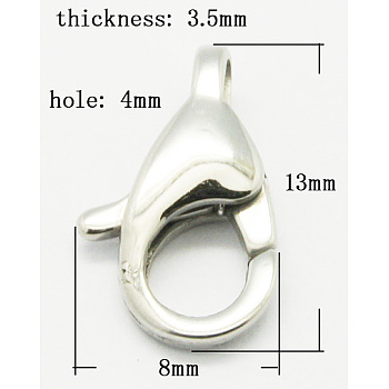 304 Stainless Steel Lobster Claw Clasps, Grade A, Stainless Steel Color, 13x8mm