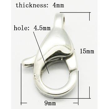 304 Stainless Steel Lobster Claw Clasps, Grade A, Stainless Steel Color, 15x9mm