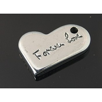 Tarnish Resistant Valentine's Day Gifts Making 304 Stainless Steel Flat Heart Carved Word Forever Love Charms, Stainless Steel Color, 14x10x2mm, Hole: 1mm