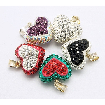 Austrian Crystal Charms, Mother's Day Gifts Making, with Polymer Clay and 925 Sterling Silver Findings, Heart, Mixed Color, about 14mm wide, 20mm long, 8mm thick, hole: 2mm(SWAR-H013)