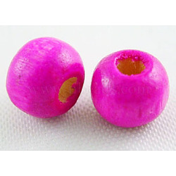 Dyed Natural Wood Beads, Round, Nice for Children's Day Gift Making, Lead Free, Fuchsia, about 6~7mm wide, 5~6mm high, Hole: 1.5mm, about 14600pcs/1000g(TB092Y-2)