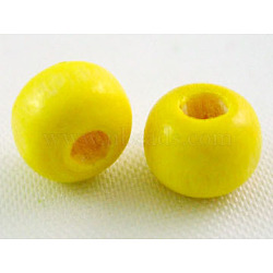 Dyed Natural Wood Beads, Round, Nice for Children's Day Gift Making, Lead Free, Yellow, about 6~7mm wide, 5~6mm high, Hole: 1.5mm, about 14600pcs/1000g(TB092Y-3)