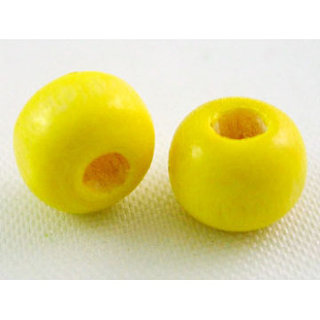 Dyed Natural Wood Beads, Round, Nice for Children's Day Gift Making, Lead Free, Yellow, about 6~7mm wide, 5~6mm high, Hole: 1.5mm, about 14600pcs/1000g