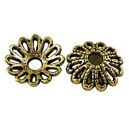 Tibetan Style Fancy Bead Caps, Cadmium Free & Lead Free, Flower, Antique Golden Color, Size: about 12mm in diameter, 3mm thick, hole: 2.5mm, 1825pcs/1000g(TIBE-LF1413YKG-AG-LF)