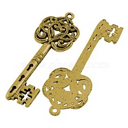 Tibetan Style Pendants, Skeleton Key Pendants, Lead Free and Cadmium Free, Antique Golden, 60x22x2mm, Hole: 2mm(TIBEB-LF9750YKG-AG-LF)