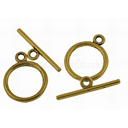 Tibetan Style Toggle Clasps, Lead Free and Cadmium Free, Rondelle, Antique Golden, Size: Ring: about 15mm in diameter, 2mm thick, hole: 2mm, Bar: 21mm long, hole: 2mm(TIBEP-A12208-G-LF)
