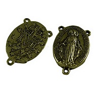 Holy Oval Carved Virgin Mary Tibetan Style Alloy Chandelier Component Links, 3 Loop Connectors, Rosary Center Pieces, Antique Bronze, Lead Free & Cadmium Free, 23x14.5x3mm, Hole: 1mm, about 470pcs/kg(TIBEP-LF0961YKG-AB-LF)