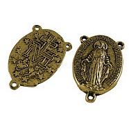 Holy Oval Carved Virgin Mary Tibetan Style Alloy Chandelier Component Links, 3 Loop Connectors, Rosary Center Pieces, Antique Golden, Lead Free & Cadmium Free & Nickel Free, 23x14.5x3mm, Hole: 1mm, about 470pcs/kg(TIBEP-LF0961YKG-AG-FF)