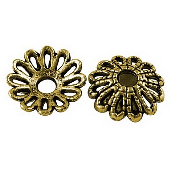 Tibetan Style Fancy Bead Caps, Cadmium Free & Lead Free, Flower, Antique Golden Color, Size: about 12mm in diameter, 3mm thick, hole: 2.5mm, 1825pcs/1000g