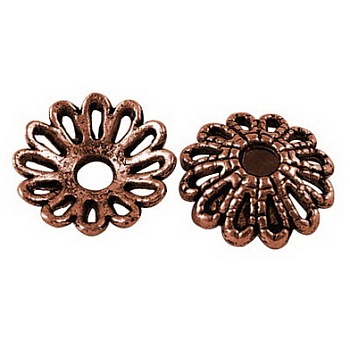 Tibetan Style Fancy Bead Caps, Cadmium Free & Nickel Free & Lead Free, Flower, Red Copper Color, Size: about 12mm in diameter, 3mm thick, hole: 2.5mm, 1825pcs/1000g