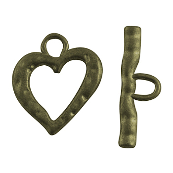 Tibetan Style Toggle Clasps, Zinc Alloy, Heart, Lead Free and Cadmium Free, Antique Bronze, 26x23x2mm, Hole: 5mm