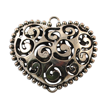 Filigree Tibetan Style Links connectors, Cadmium Free & Nickel Free & Lead Free, Heart, Antique Silver, 50.5x53.5x19mm, Hole: 5mm