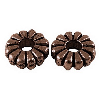 Tibetan Style Spacer Beads, Cadmium Free & Nickel Free and, Lead Free, Flat Round, Red Copper Color, Size: about 7mm in diameter, 2.1mm thick, hole: 2 mm, 2385pcs/1000g