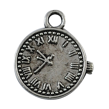 Tibetan Style Alloy Pendants, Cadmium Free & Nickel Free & Lead Free, Clock, Antique Silver, 20x16x1mm, Hole: 1mm