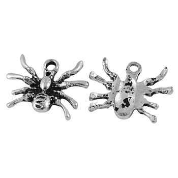 Halloween Jewelry Tibetan Style Alloy Pendants, Cadmium Free & Nickel Free & Lead Free, Spider, Antique Silver Color, Size: about 14mm long, 19mm wide, 3mm thick, hole: 2mm
