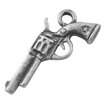 Zinc Alloy Gun Necklace Pendants, Revolver Pistol Charm, Lead Free and Cadmium Free, Antique Silver, 24x11x3mm, Hole: 2mm