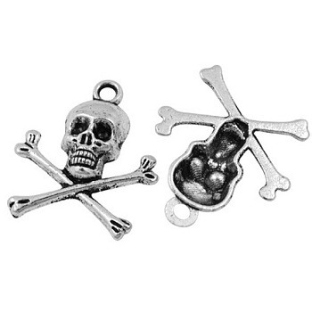 Tibetan Style Alloy Pendants, Pirate Style Skull, Antique Silver, Lead Free and Cadmium Free, 24x20x4mm, Hole: 2mm, about 680pcs/1000g