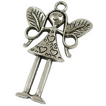 Tibetan Style Alloy Fairy Large Pendants, Antique Silver, Lead Free and Cadmium Free, 58x36x5.5mm, Hole: 4mm, about 77pcs/859g