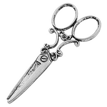 Tibetan Style Alloy Large Pendants, Cadmium Free & Nickel Free & Lead Free, Scissors, Antique Silver, 60x25x1.5mm, Hole: 4mm