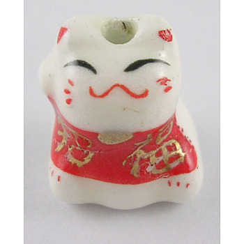 Handmade Ornamental with Gold Porcelain Beads, Lovely Cat, White, 14mm wide, 17mm long, hole: 2mm