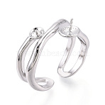 Brass Cuff Ring Settings, for Half Drilled Beads, Cadmium Free & Nickel Free & Lead Free, Real Platinum Plated, Pin: 0.8mm, 9~10mm, Inner Diameter: Adjustable(X-KK-T076-58P)