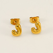 Chunk Letter 304 Stainless Steel Stud Earrings for Women, Real 18K Gold Plated, Letter J, 7.5~8.5x5~10.5mm(EJEW-G386-01J-G)