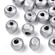 Spray Painted Wood Beads, Round, Silver Plated, 6x5mm, Hole: 2mm, about 8300pcs/500g(WOOD-Q030-83S)