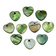 Natural Freshwater Shell Charms, Dyed, Heart, Olive Drab, 12.5x13x2mm, Hole: 1.5mm(SHEL-R113-17E)