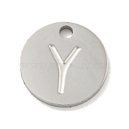 304 Stainless Steel Pendants, Laser Cut, Flat Round with Letter Charm, Stainless Steel Color, Letter Y, 10x1mm, Hole: 1.4mm(FIND-M017-02P-Y)