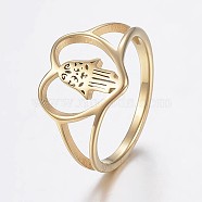304 Stainless Steel Rings, Wide Band Rings, Hollow, Heart with Hamsa Hand/Hand of Fatima/Hand of Miriam, Golden, Size 8, 18mm(RJEW-P063-43G-18mm)