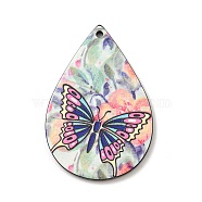 Opaque Acrylic Pendants, Teardrop with Butterfly, Colorful, 47x31x2.5mm, Hole: 2mm(MACR-D076-02B)