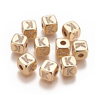 Brass Micro Pave Cubic Zirconia Beads, Horizontal Hole, Real 18K Gold Plated, Long-Lasting Plated, Cube with Letter, Clear, Letter.K, 9x9x9mm, Hole: 3.5mm(KK-K238-16G-K)