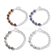 Natural Mixed Stone Round Beaded Bracelets Set with Curb Chain for Men Women, Silver, 8-1/8 inch(20.5cm), 4pcs/set(BJEW-TA00048)