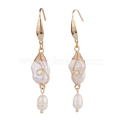316 Surgical Stainless Steel Natural Pearl Hoop Dangle Earrings, with 304 Stainless Steel Eye Pin & Brass Ball Head Pin, Copper Wire Wrapped, Floral White, 62mm, Pin: 0.8mm(EJEW-TA00058)